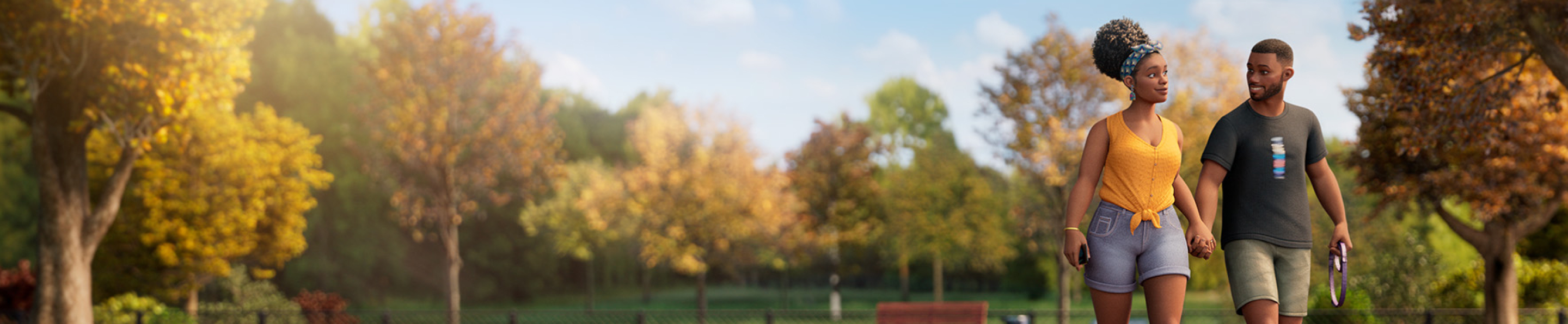 Female ABILIFY ASIMTUFII patient walks hand-in-hand on a dirt path in a sunny park with autumn trees. The man holds a purple dog leash.