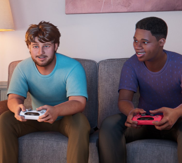 ABILIFY ASIMTUFII for schizophrenia patient and his friend playing video games on a couch.