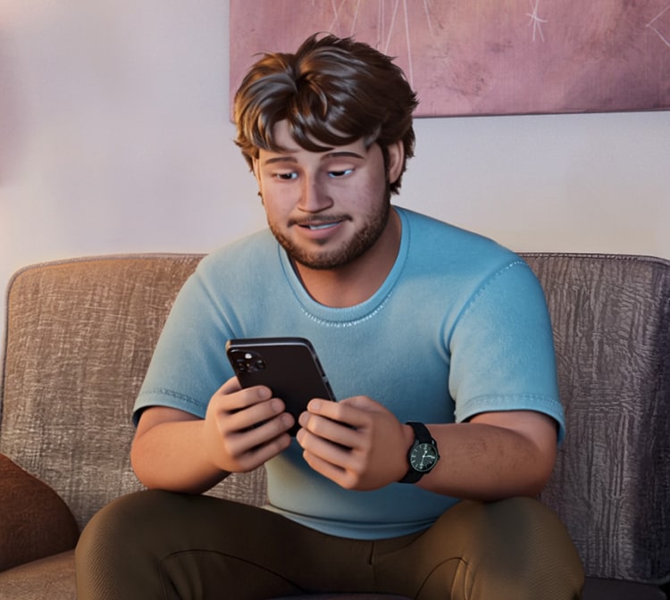 ABILIFY ASIMTUFII for schizophrenia patient sitting on a couch using his phone.