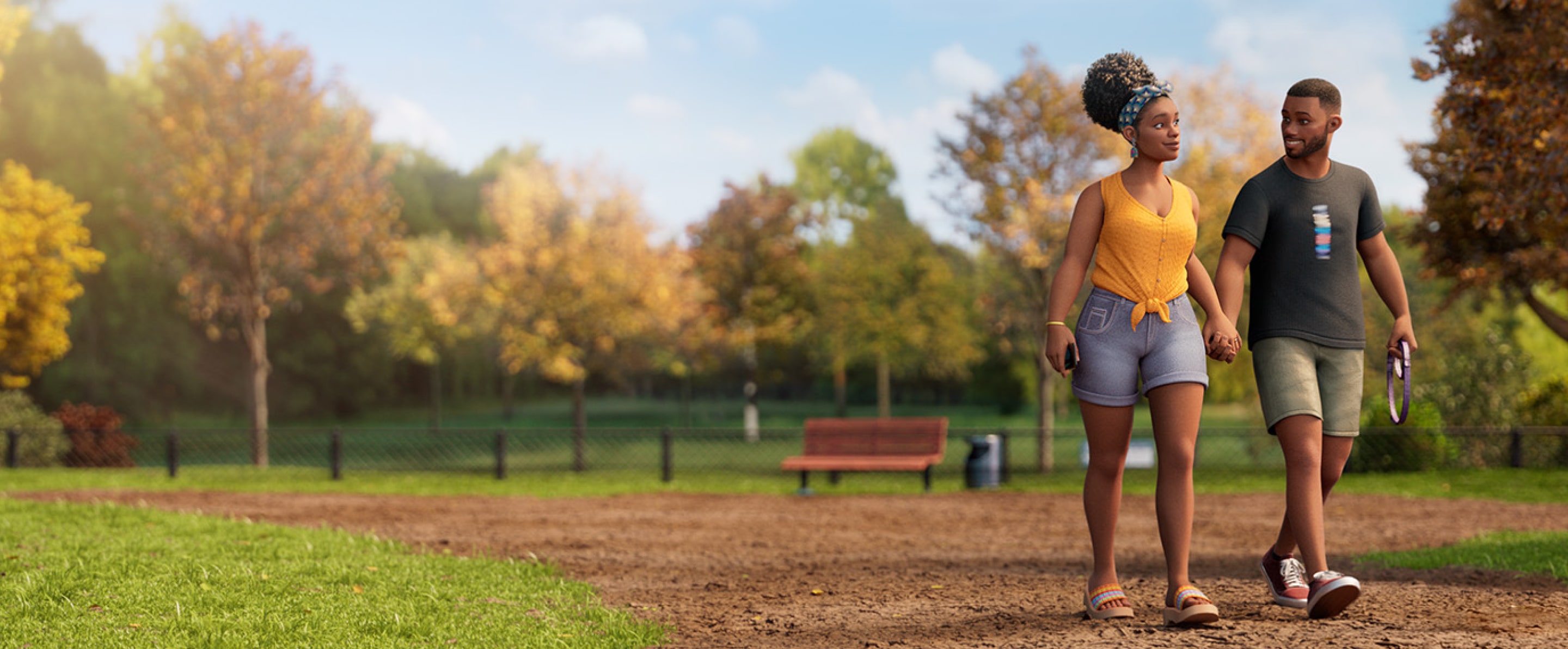 Female ABILIFY ASIMTUFII patient walks hand-in-hand on a dirt path in a sunny park with autumn trees. The man holds a purple dog leash.