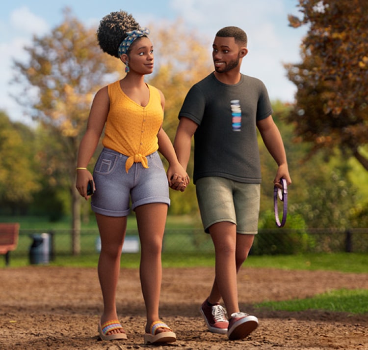 Female ABILIFY ASIMTUFII patient walks hand-in-hand on a dirt path in a sunny park with autumn trees. The man holds a purple dog leash.