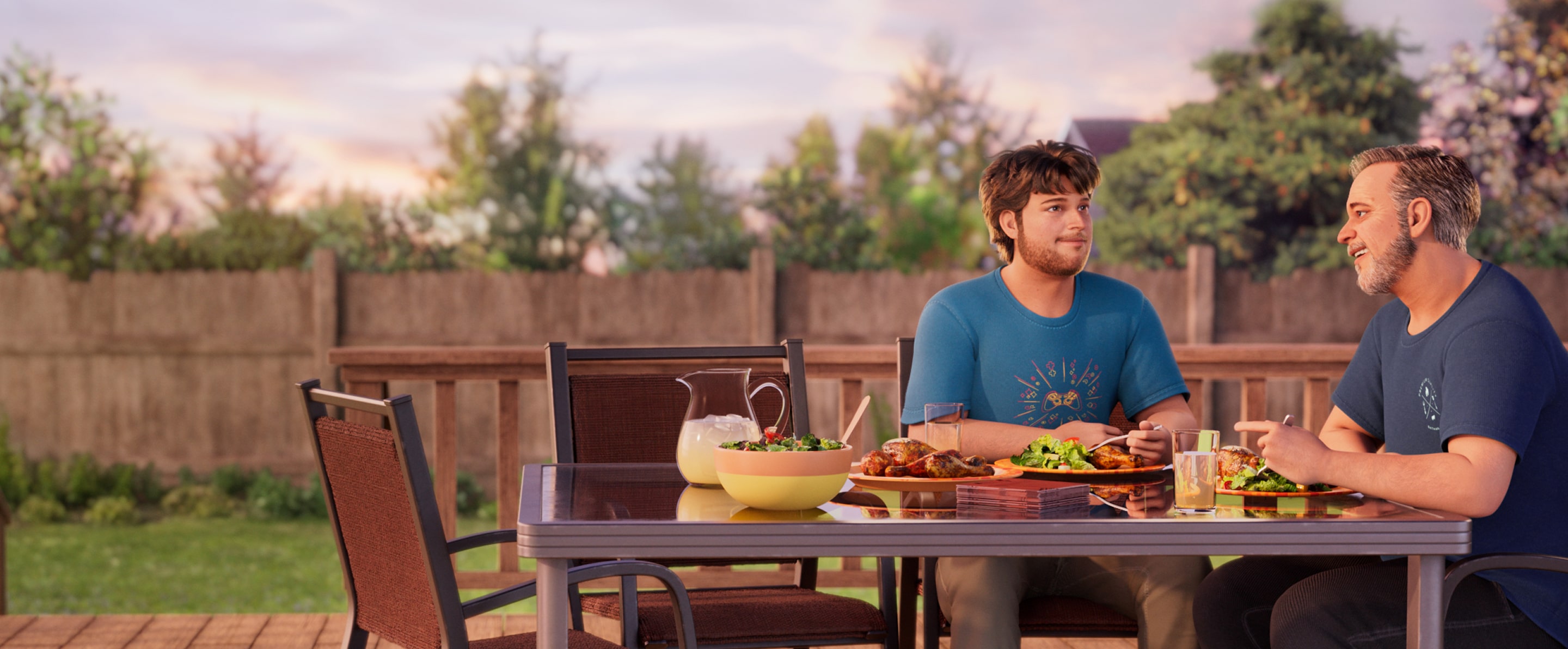 ABILIFY ASIMTUFII for schizophrenia patient and his father seated at a table on an outdoor deck, sharing a meal and conversing.