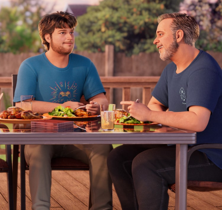 ABILIFY ASIMTUFII for schizophrenia patient and his father seated at a table on an outdoor deck, sharing a meal and conversing.