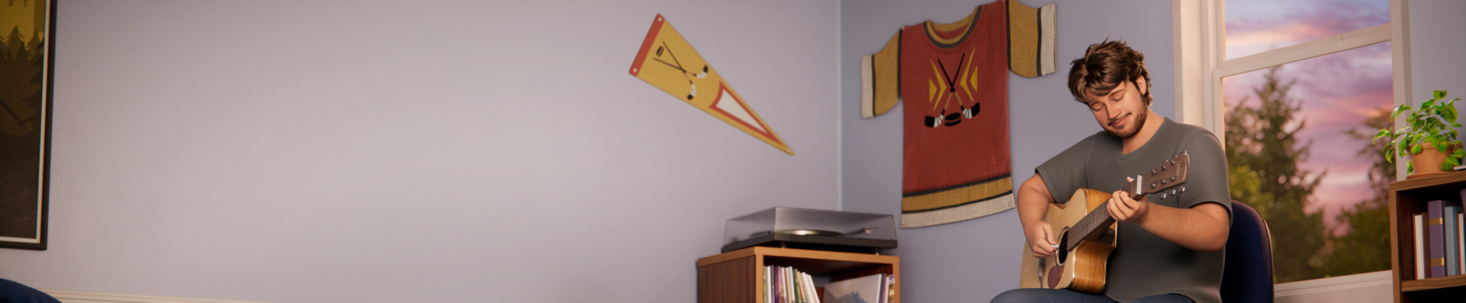 Male ABILIFY ASIMTUFII for schizophrenia patient playing an acoustic guitar in a room with a window showing a colorful sky