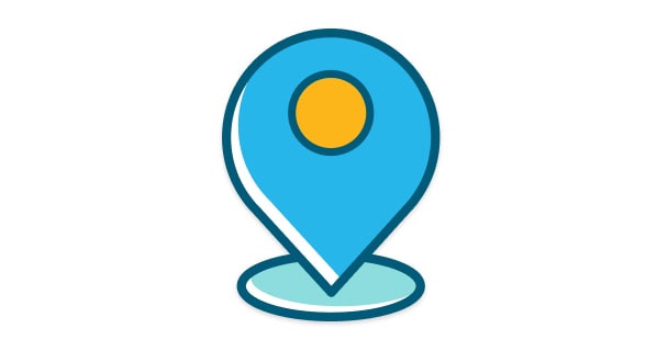 A blue location pin icon with an orange center
