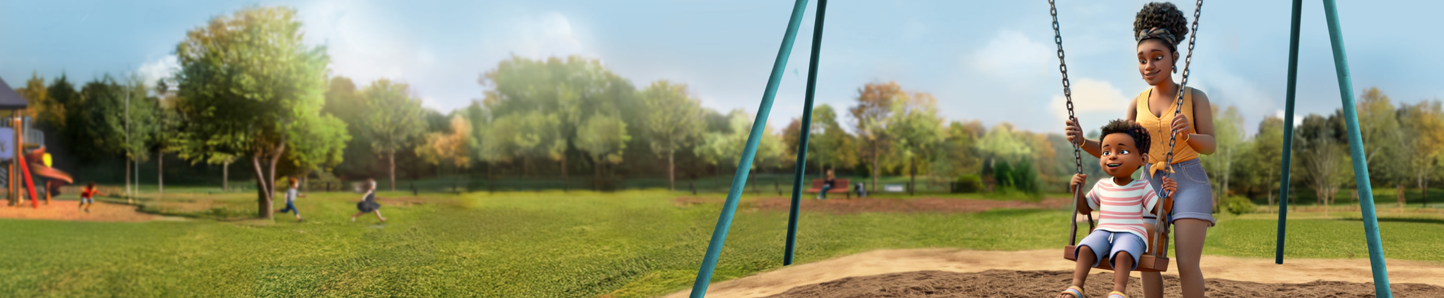 A female ABILIFY ASIMTUFII patient pushes a young child on a swing in a park.
