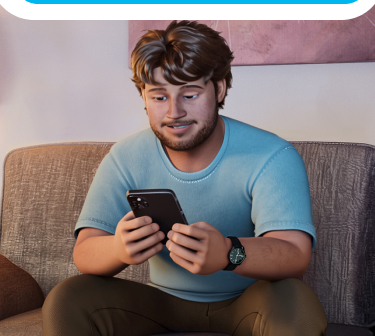 ABILIFY ASIMTUFII for schizophrenia patient sitting on a couch using his phone.