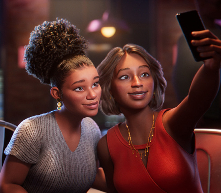 Female ABILIFY ASIMTUFII patient taking a selfie with another woman in a restaurant.