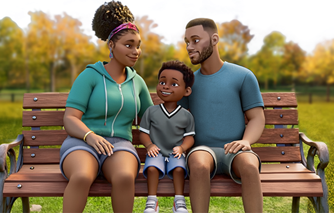 Female ABILIFY ASIMTUFII patient, a young boy, and a man sit together on a park bench, with geese visible in the grassy background.