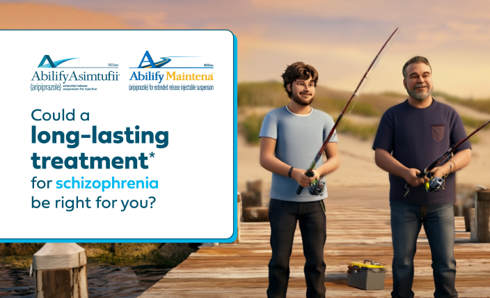 ABILIFY ASIMTUFII for schizophrenia patient fishing on a pier with his father.