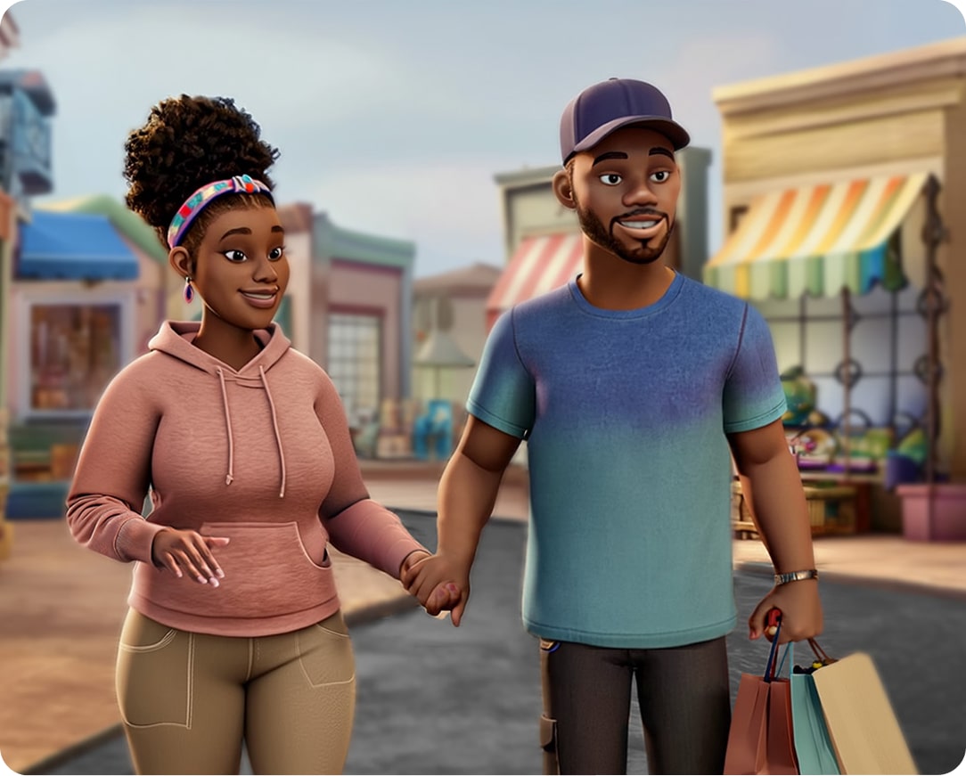 Female ABILIFY ASIMTUFII patient holds hands with a man, walking down a street lined with shops.