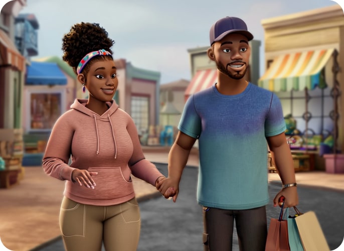 Female ABILIFY ASIMTUFII patient holds hands with a man, walking down a street lined with shops.