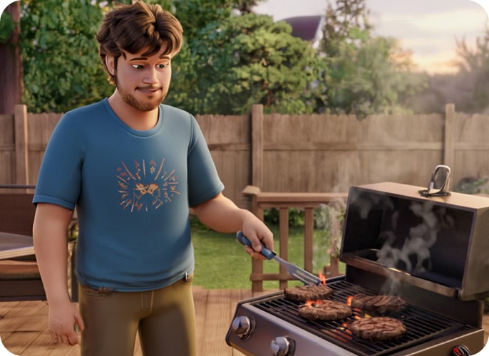 Male ABILIFY ASIMTUFII for schizophrenia patient grilling food outdoors.