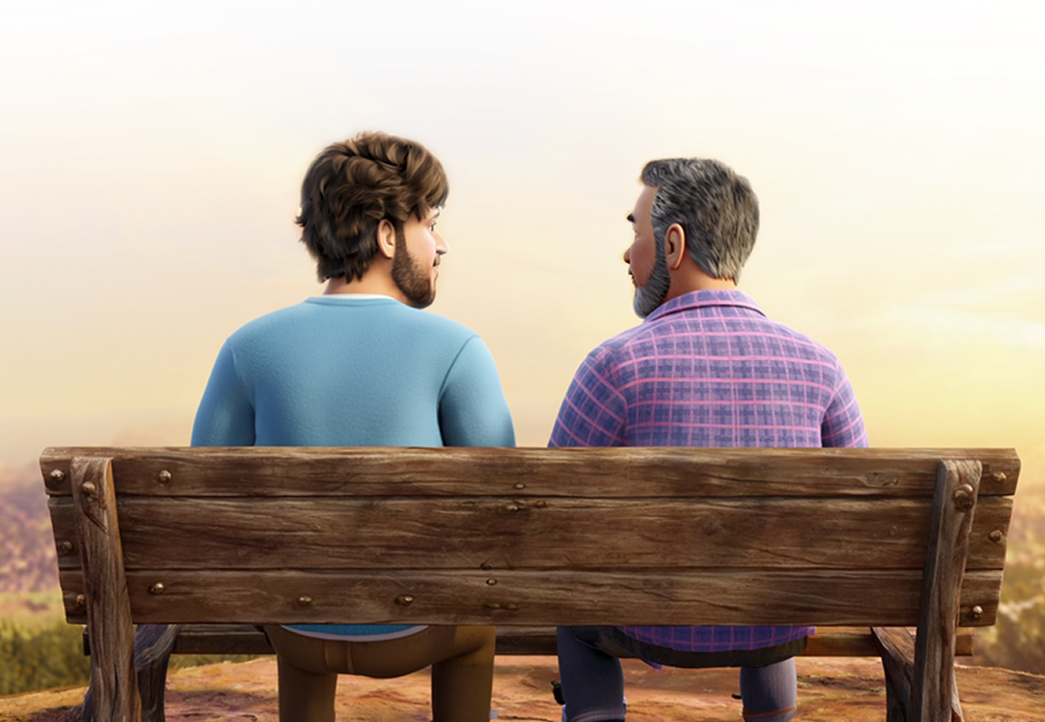 ABILIFY ASIMTUFII for schizophrenia patient sitting on a bench overlooking a landscape with his father.