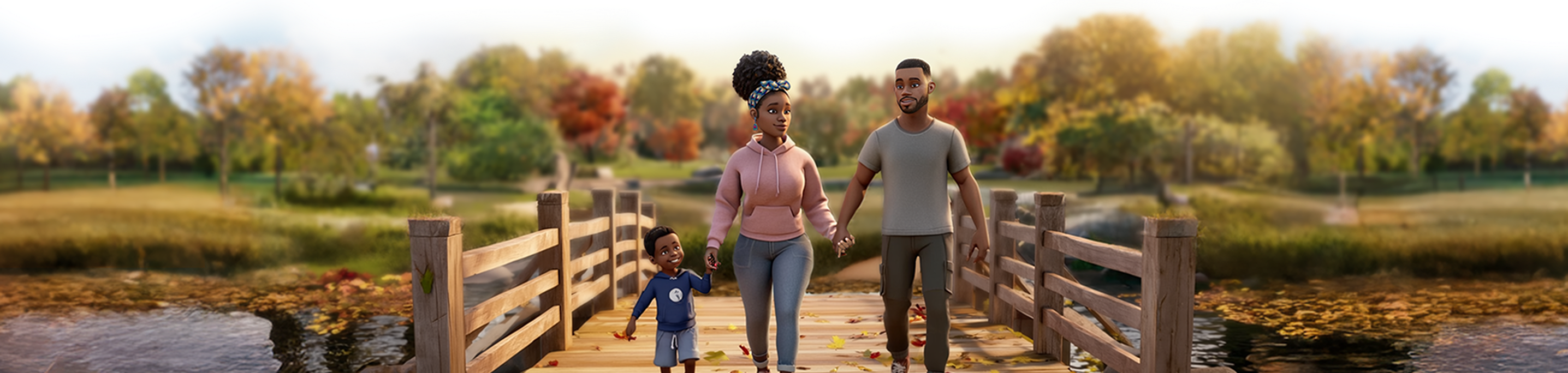 A family, including a female ABILIFY ASIMTUFII patient, a man, and a young child, walk hand-in-hand across a wooden bridge in an autumnal park.