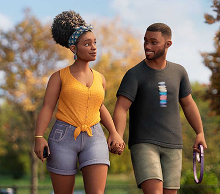Female ABILIFY ASIMTUFII patient walks hand-in-hand on a dirt path in a sunny park with autumn trees. The man holds a purple dog leash.