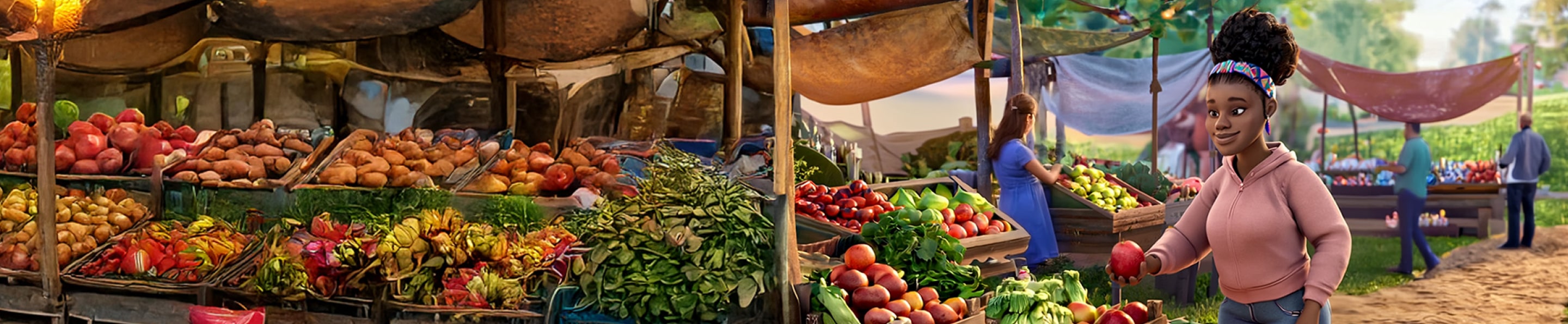 A female ABILIFY ASIMTUFII patient picking up vegetables at an outdoor food market.