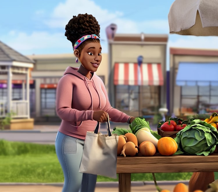 A female ABILIFY ASIMTUFII patient shopping at an outdoor market stall filled with fruits and vegetables.