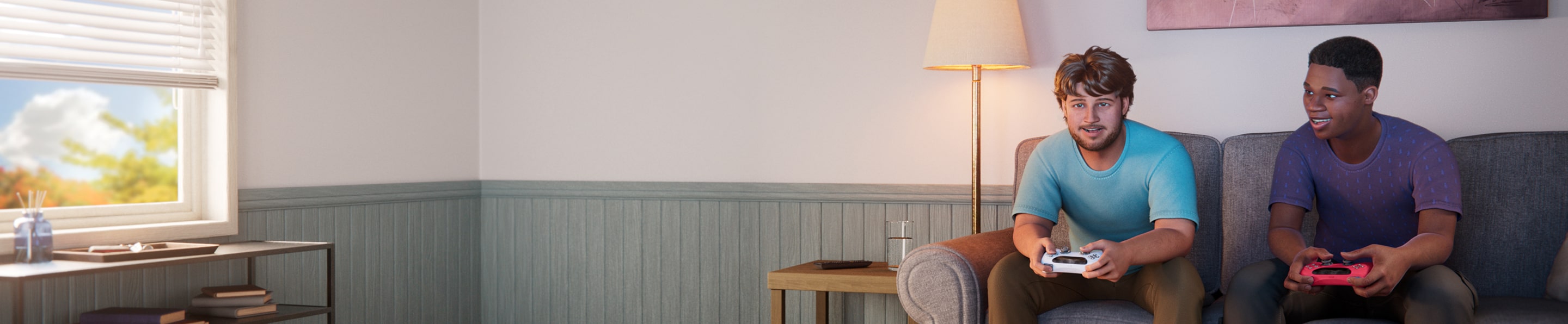 ABILIFY ASIMTUFII for schizophrenia patient and his friend playing video games on a couch.