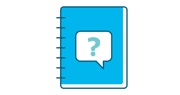 Blue notebook icon with a question mark speech bubble, representing DDG