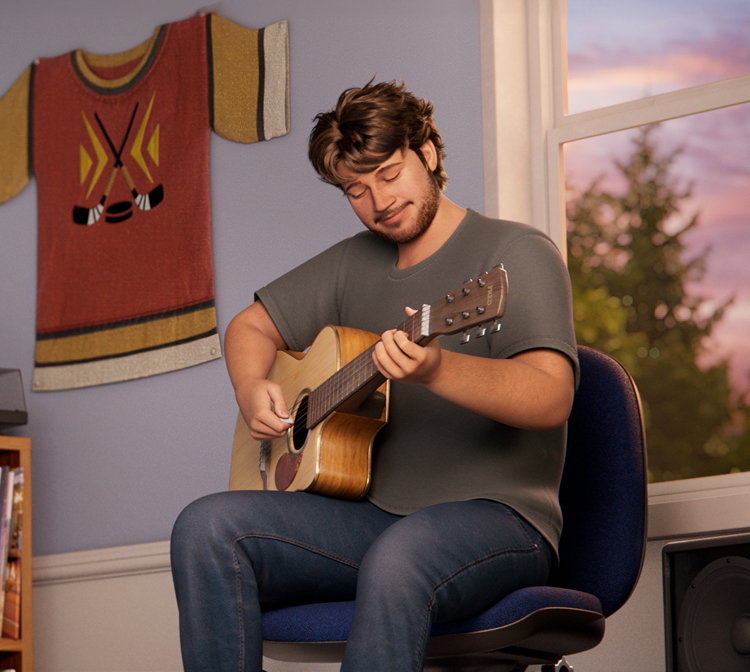 Male ABILIFY ASIMTUFII for schizophrenia patient playing an acoustic guitar in a room with a window showing a colorful sky
