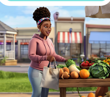 A female ABILIFY ASIMTUFII patient shopping at an outdoor market stall filled with fruits and vegetables.