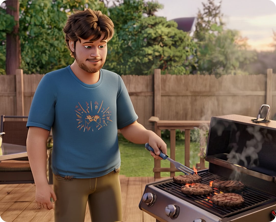 Male ABILIFY ASIMTUFII for schizophrenia patient grilling food outdoors.