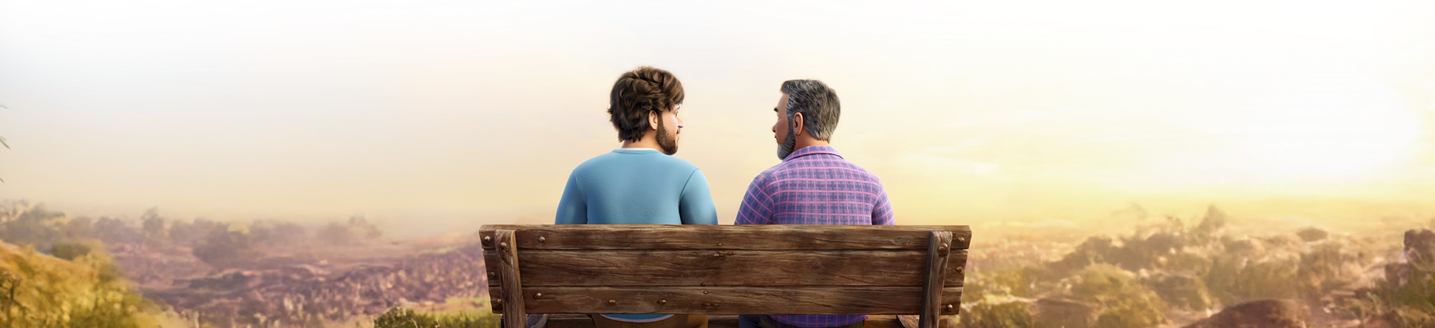 ABILIFY ASIMTUFII for schizophrenia patient sitting on a bench overlooking a landscape with his father.