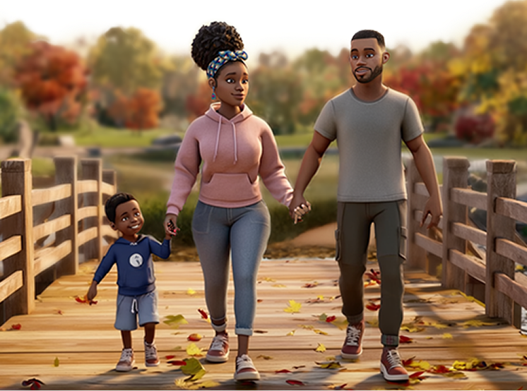 A family, including a female ABILIFY ASIMTUFII patient, a man, and a young child, walk hand-in-hand across a wooden bridge in an autumnal park.