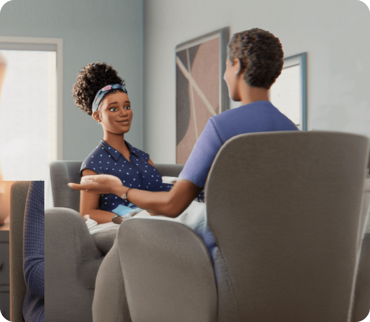 A female ABILIFY ASIMTUFII patient talking to her doctor about her treatment. 