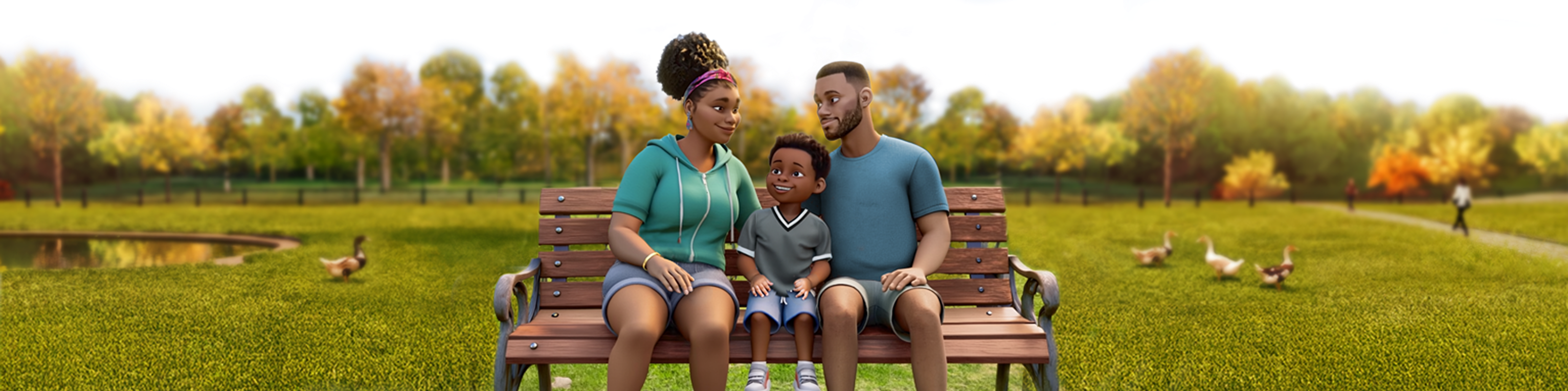 Female ABILIFY ASIMTUFII patient, a young boy, and a man sit together on a park bench, with geese visible in the grassy background.