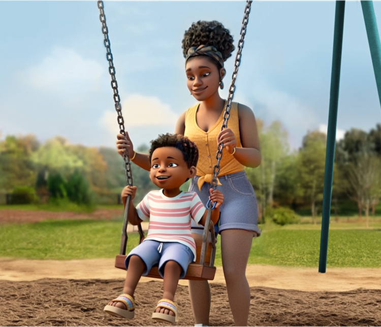 A female ABILIFY ASIMTUFII patient pushes a young child on a swing in a park.
