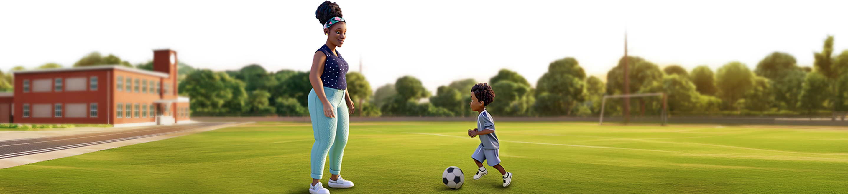 A female ABILIFY ASIMTUFII patient and a child playing soccer on a grassy field.