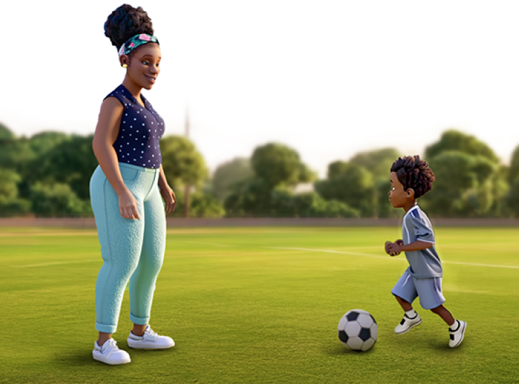 A female ABILIFY ASIMTUFII patient and a child playing soccer on a grassy field.