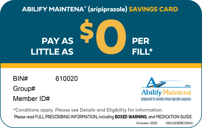 ABILIFY MAINTENA savings card showing "Pay as little as $0 per fill"